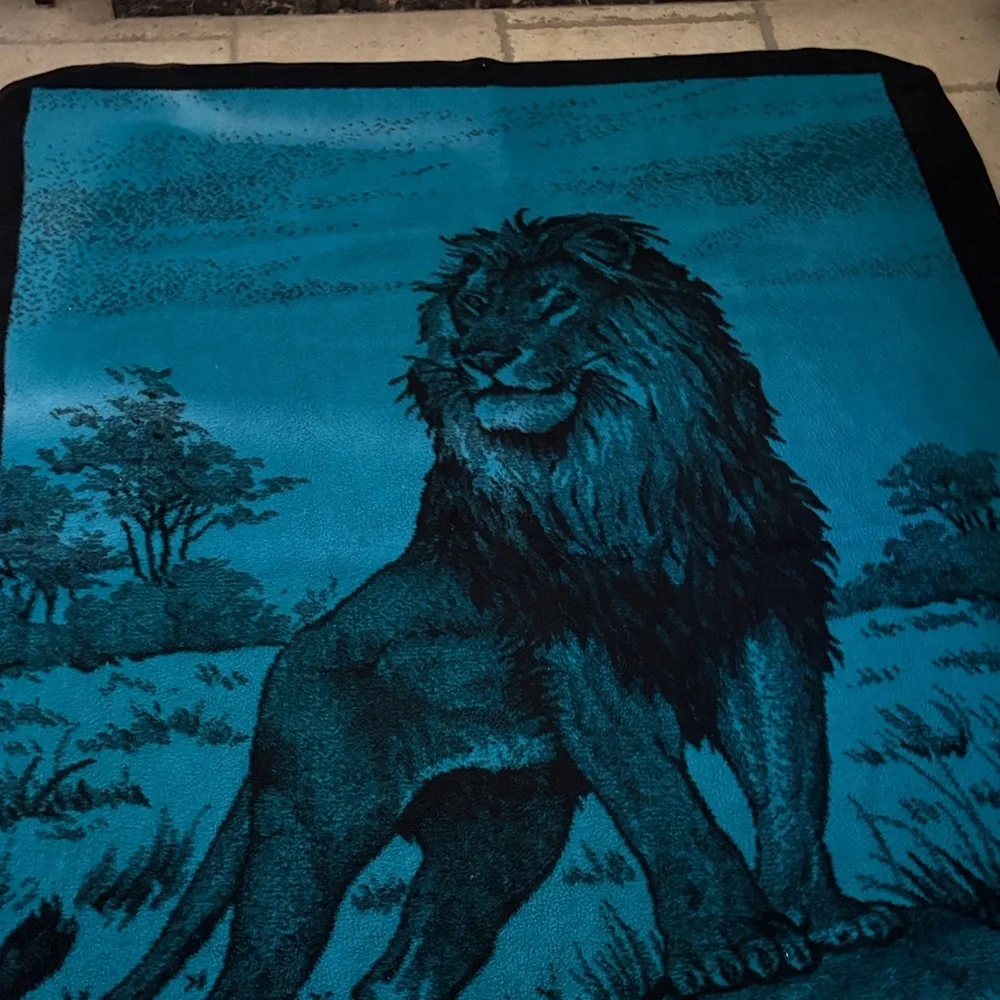 Vintage Gently Loved Reversible Lion Blanket Teal&Black By San Marcos